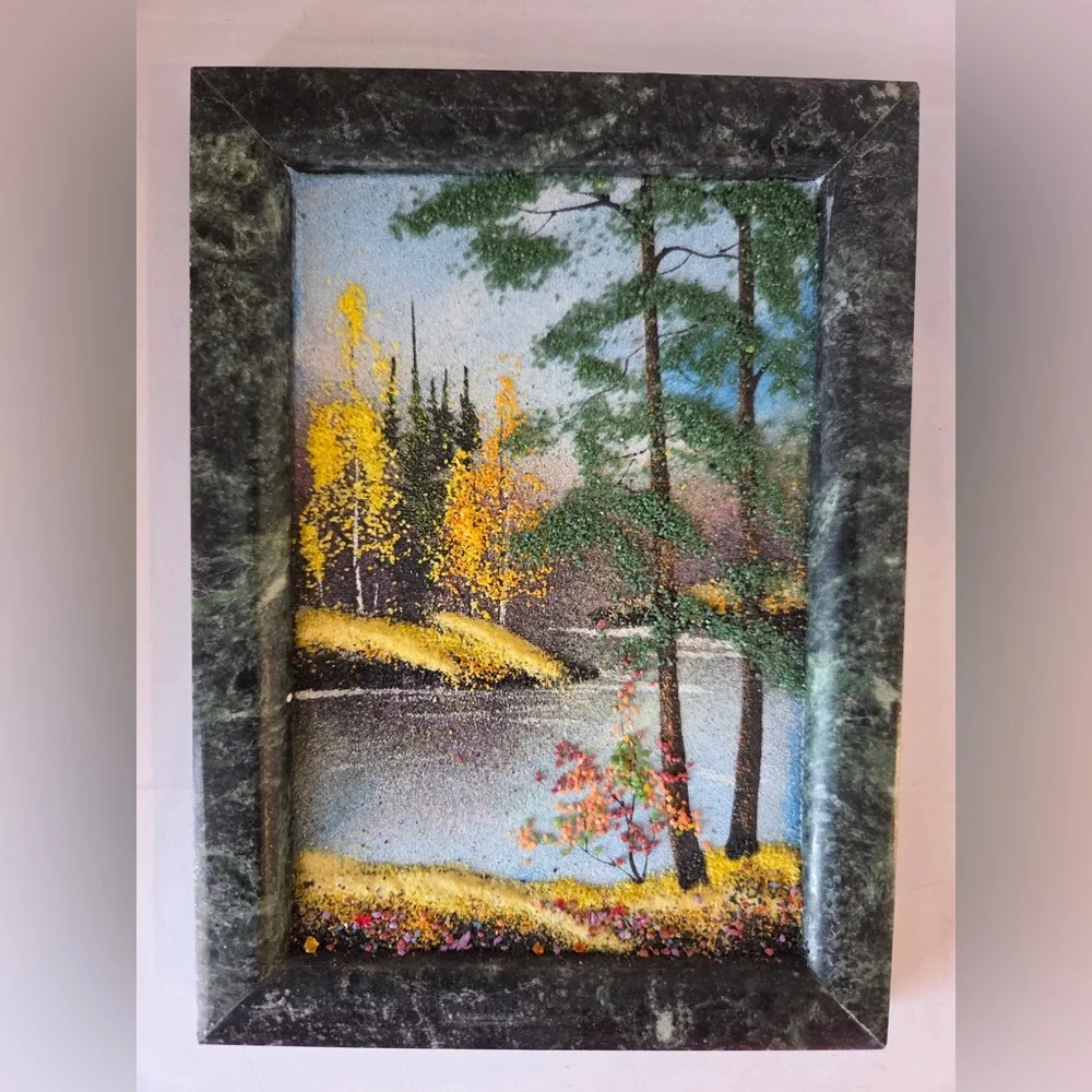 Vintage Russian Fall Scene Mineral Stone Painting in Marble Frame Art - Picture 1 of 10